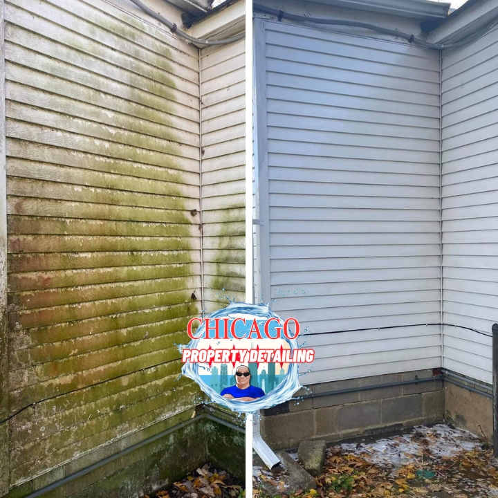 This is a before and after picture of an exterior house washing service in Buffalo Grove, IL, performed by Chicago Property Detailing