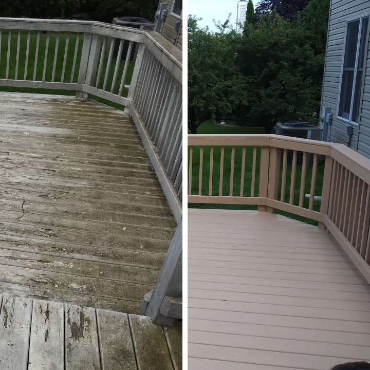 Before and after picture of are deck staining project in Lincoln Park neighborhood of Chicago.