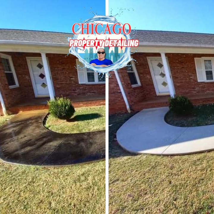 A before and after picture of a concrete pressure washing service in Elmhurst, IL, by Chicago Property Detailing & Pressure Washing. This picture is being used visually explain Chicago Property Detailing & Pressure Washing's concrete pressure washing service