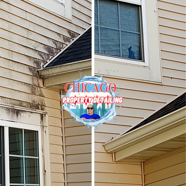 This is a before, and after picture of a house washing in Orland Park Illinois that was the form by Chicago property detailing and pressure washing.