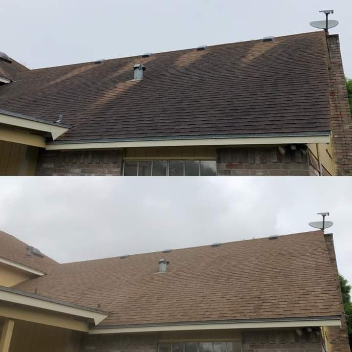 this is a before and after picture of a soft roof washing service in Orland Park Illinois by Chicago property detailing and pressure washing.