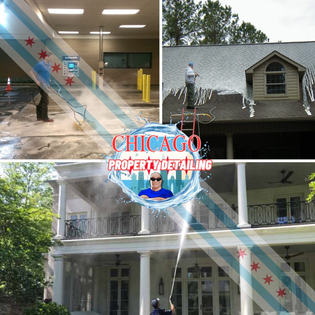 This is a picture showing 3 of Chicago property detailing and pressure washing's pressure washing services. House Pressure washing - Concrete Pressure Washing - Soft Roof Shingle Pressure washing