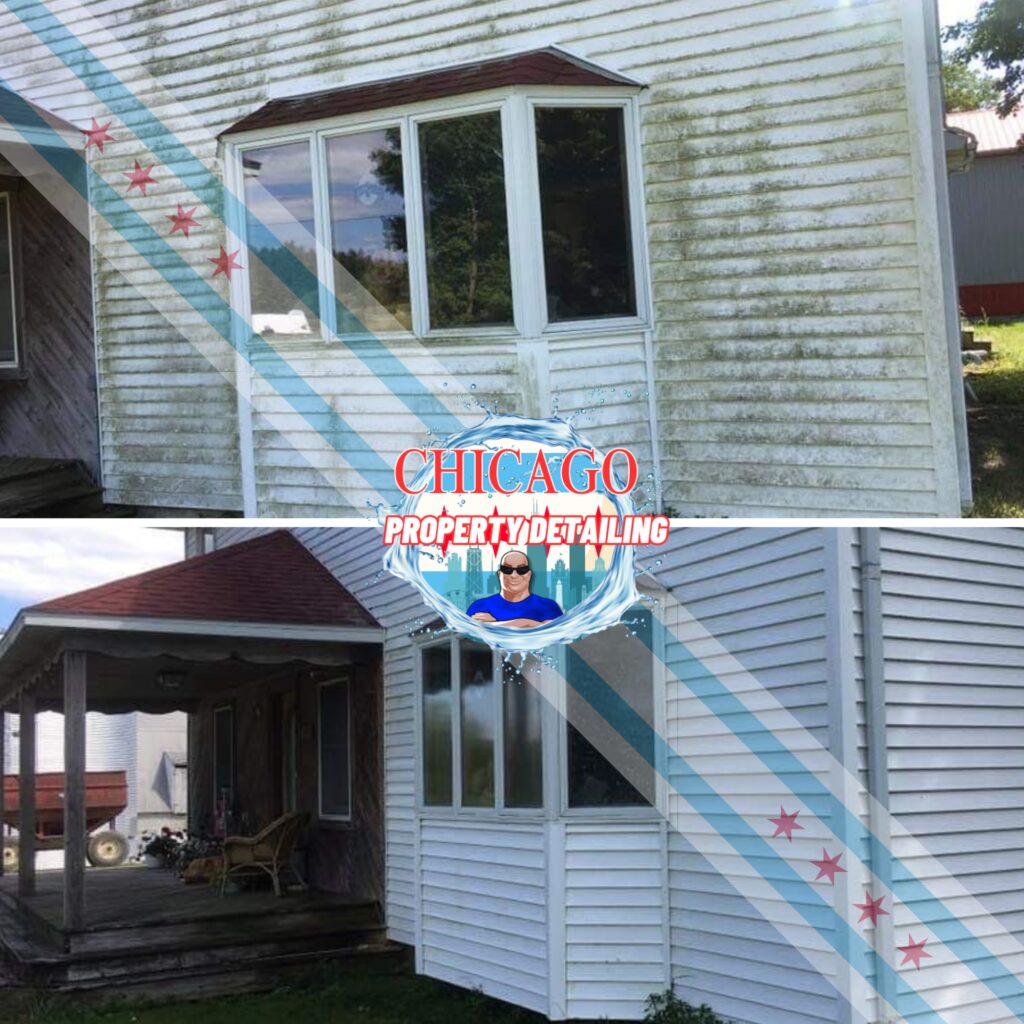This is a before, and after picture of a home siding, soiled and algae and mildew, and in after picture of the same siding after being pressure washed by Chicago property detailing and pressure washing.